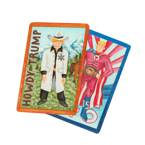 Illustration of two NFT cards featuring Trump as an old-timey Western cowboy and superhero