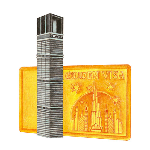 Illustration of the new Trump tower planned in Dubai with a golden visa card