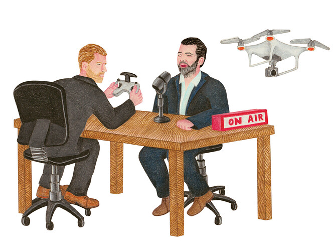 Illustration of Eric Trump flying a drone and Donald Trump Jr. speaking into a microphone for a podcast