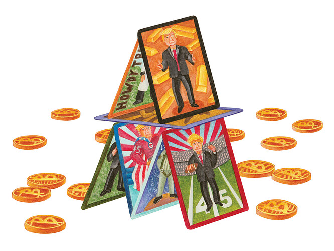 Illustration of NFT cards featuring Trump surrounded by Bitcoins