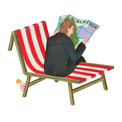 Illustration of Jared Kushner in a beach lounge chair reading a map of Albania