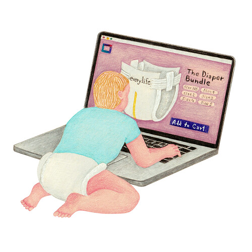 Illustration of a baby buying diapers from a pro-life diaper brand